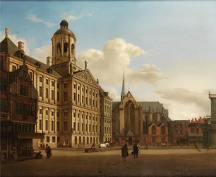 Uitzicht op de dam met het stadhuis in Amsterdam